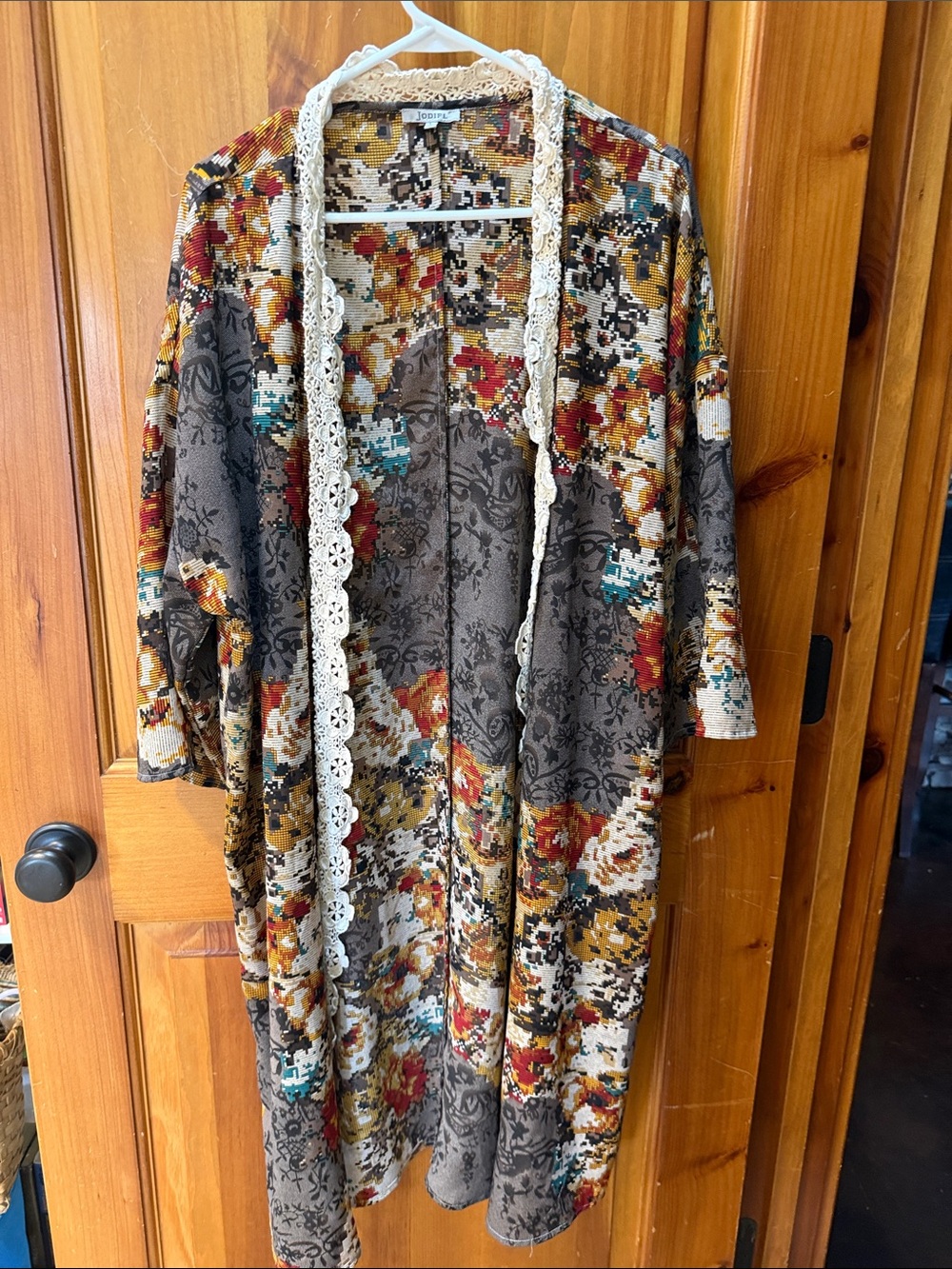 JODIFL Multi-Color Crochet-Trim Open Duster, Long, Sz Large, NICE! - Picture 9 of 10